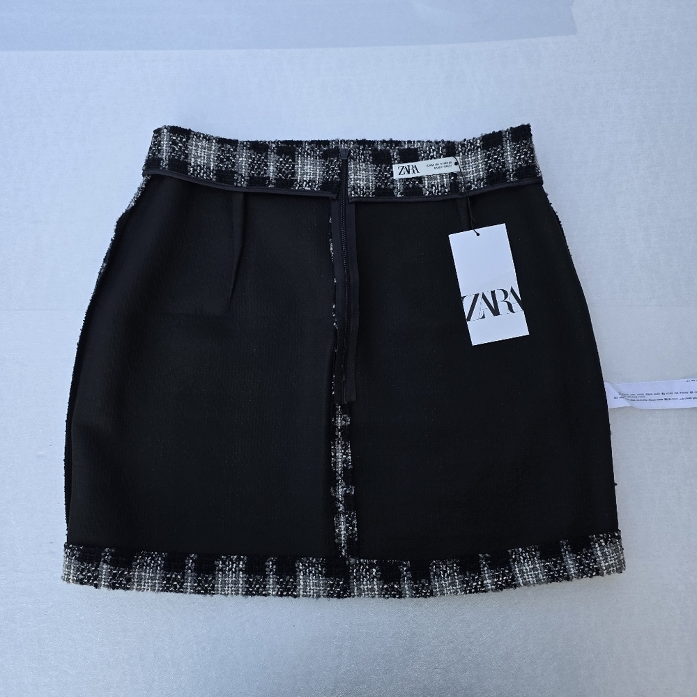 Zara Black White Tweed Plaid Mini Skirt | Classic Check Pattern - Picture 5 of 7